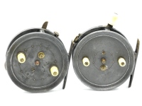 A Bernard Dingley built 3 ½" bait casting reel, caged drum with twin ivorine handles and spring release latch, brass bridge foot, three rim mounted casting controls, interior stamped "D" and a similar Bernard Master 3 ½" silent check bait casting reel of 
