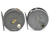 A Foster's Dingley built 3" trout fly reel, ebonite handle, brass foot, rim tension screw and Mk.I check mechanism, floating ball race, nickel silver drum locking screw and interior stamped "D.4" and an un-named Dingley 3" trout fly reel, caged drum with