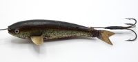 A scarce Allcock's Caledonian Model No 537, 3 ½" gutta percha bait, the curved fish shaped lure with brass fins and tail, painted finish, black spot/white glass eyes, hollow spindle with gimp and bead mounted rear treble hook, rare example illustrated in 