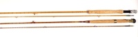 A Hardy "Halford Knockabout" 2 piece cane trout fly rod, 9'6", tan inter-whipped, screw grip reel fitting, studlock joint, ferrules re-whipped, 1957, in bag and a Hardy "Perfection " 2 piece cane trout fly rod, 9'6", crimson inter-whipped, sliding brass 