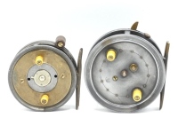 A Dingley built 3 ¾" Climax style bait casting reel, caged drum with twin ivorine handles and spring release latch, brass foot, three rim mounted casting controls and interior stamped "D", circa 1915 and a Hardy Silex No.2 3 ¼" bait casting reel, replace