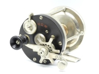 An Edward Vom Hofe Islamorada No.1 model 650 multiplier reel and block leather case, ebonite and nickel silver construction with off-set counter-balance ebonite handle mounted above a six point capstan star drag adjuster, rim mounted drum release lever, p