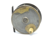 A Hardy Birmingham 4" brass salmon fly reel, domed cow horn handle, bridge foot, quadruple cage pillars, no check, faceplate with raised two screw spindle boss and stamped Rod in Hand trademark and enclosed oval logo, wear to finish, circa 1896