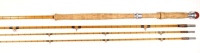 A good Hardy "LRH Greased Line" 3 piece (2 tips) cane salmon fly rod, 13', green/crimson tipped wraps, green silk inter-whippings, sliding alloy screw grip reel fitting, studlock joints, 1959, only very light use, in bag and alloy tube