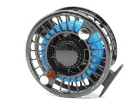 A fine Charlton Mako 9600 big game/salmon 5" fly reel, right hand wind model with black anodised finish, skeletal drum and frame, counter-balanced rosewood handle, block foot, knurled spool locking nut and rear six point spindle mounted tension regulatin