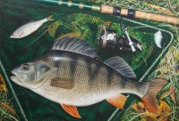John Searl: Still life study of a Perch, lain on a grassy bank with roach live bait, net, rod and Mitchell 300 reel, watercolour and gouache, signed, framed and glazed, gilt edged card mount, image 15" x 21 ¾"