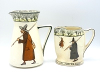 A Royal Doulton Izaac Waltonware milk jug of flared form, decorated 17th Century gentleman anglers withing a running tree border, interior rim with printed motto "None do here, use to swear oaths do fray, fish away", signed Noke, 7 ¼" high and another sim
