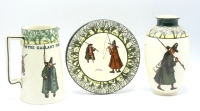 Three items of Royal Doulton Izaac Waltonware, a tapered cream jug, 5 ½" high, a circular teapot stand, 6" diam. and a shouldered vase (restored), 6" high, each decorated with 17th Century gentleman anglers within borders of trees and verse, all signed No