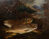 J.M. Ince: Still life study of three Brown Trout in wooded river landscape, oil on board, verso pasted detail panel, gilt framed, image 15 ½" x 19 ½"