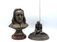 David Hughes: cold cast bronze bust of Izaac Walton, glass eyes, mounted on turned wooden socle, base with applied hand-written label "This sculpture is the first casting taken from the mould. From which the edition will be cast, marked M.C., it was sold 