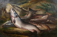 H.L. Rolfe: Still life study of game fish, Salmon and Brown Trout lain within a landing net in a rocky river landscape, oil on canvas, signed and dated 1866, in heavy gilt slipped gesso frame, canvas 19 ½" x 29 ½" (see illustration)
