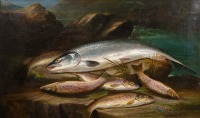 H.L. Rolfe: Still life study of Salmon and Brown Trout lain upon a rock within a rocky river landscape with classic salmon fly to foreground, oil on canvas, signed and dated 1861, in gilt slipped gesso frame, canvas 17 ½" x 29 ½" (see illustration)