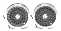 A pair of Hardy Sunbeam 9/10 salmon fly reels and two spare spools, each with composition handle, alloy foot, two screw drum latch, white agate line guide, rear spindle mounted tension adjuster, light use only, reels in zip cases (2)