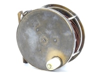 A rare Hardy 1892/3 Transitional Brass Perfect 4 ¼" salmon fly reel, domed bone handle, pierced and waisted bridge foot, strapped rim tension screw and early calliper spring check mechanism, open ball race with phosphor bronze/steel bearings, full annular