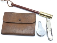 A Hardy No.4 Angler's Knife, fitted seven Sheffield steel tools, nickel silver side plates and hinged shackle, 1940's, and three further Hardy items: a wooden handled brass headed salmon priest, an alloy racquet shaped Driflydresser and a pigskin Houghto