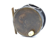 A good Hardy Brass Faced Perfect 4 ½" salmon fly reel, domed ivorine handle, pierced brass foot, nickel silver line guide, strapped rim tension screw with Turk's head locking nut and late 1906 calliper spring check mechanism, slightly dished drum with fou