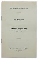 ‘In Memoriam. Charles Burgess Fry 1872-1956’. Eight page original memorial service booklet for Fry, the funeral was held at St. Martin-in-the-Fields Church on the 18th September 1956. The address was made by Harry Altham. Rare