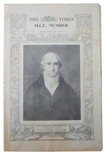 ‘The Times. MC.C. Number. London May 25th 1937’. Original 25 page supplement to the Times newspaper with front cover depicting Thomas Lord with various cricket scenes in borders around image commemorating the 150th anniversary of Lord’s. The contents with