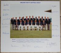 England tour to Australia 1986/87. Official colour photograph of the England touring party, seated and standing in rows, wearing tour blazers. Printed title and players’ names to borders. Nicely signed in blue ink by all seventeen members of the touring p