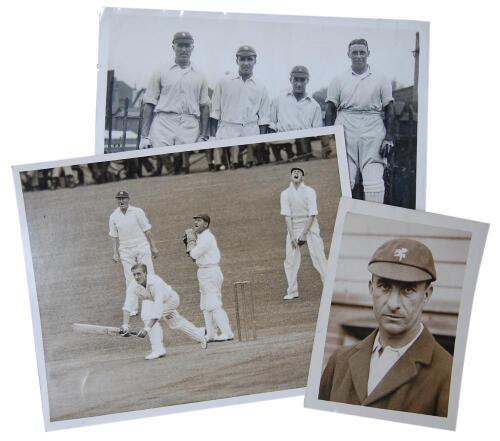 Kent and Sussex. Selection of seventeen pre war press photographs showing Kent (10) and Sussex (7) players or matches in progress. Players and matches featured include a lovely posed photograph of Geary, Ames, Freeman and Tate standing in line, all padded