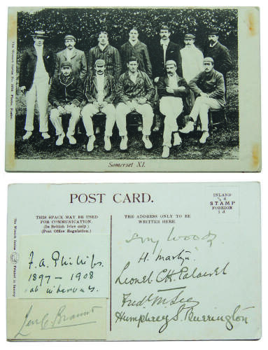 ‘Somerset XI’ 1903. Mono printed postcard of the Somerset team, standing and seated in rows wearing various cricket blazers, with title to lower border. Wrench Series 3279. Signed to verso by seven Somerset players from the turn of the century. Three of t