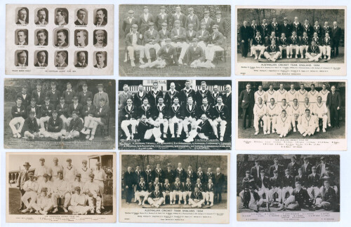 Touring teams to England. Good selection of team postcards including Australian tours in 1905 (Philco), 1912 (Bolland), 1921 (2, Bolland and Hunt), 1930 (Bolland photograph), 1934 (2, Photo-Work), New Zealand 1931 (Angus Thomas), 1937 and 1958, South Afr