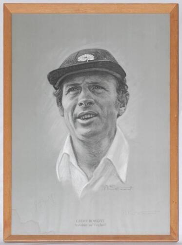 ‘Geoff Boycott, Yorkshire & England’. Limited edition print of Boycott, head and shoulders, wearing Yorkshire cap. Limited edition 715/850, signed by Boycott and the artist M. Stead in pencil. Published by Art Graphics. Excellent image of Boycott. Framed 