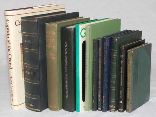 Cricket books. Eleven titles, several bound in full leather boards with gilt titles to spine. Titles include &lsquo;Scores of the Oxford & Cambridge Cricket Matches from 1827&rsquo;. H. Perkins 1898, &lsquo;The Blues and Their Battles with scores of all Cricket Matches pla