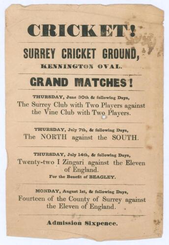 Cricket! Surrey Cricket Ground, Kennington Oval’ 1853. Early original advertising handbill for ‘Grand Matches’ to be played at The Oval. Matches are ‘The Surrey Club with Two Players against the [Sevenoaks] Vine Club with Two Players’, 30th June, ‘The Nor