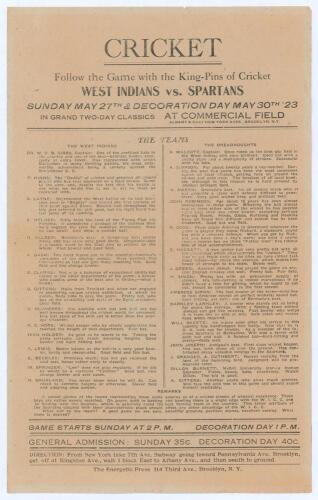 ‘Cricket. Follow the Game with the King-Pins of Cricket, West Indians v Spartans, Sunday May 27th & Decoration Day May 30th [19]23’. Unusual and intriguing handbill for cricket matches played at Commercial Field, Brooklyn, New York. The handbill features 