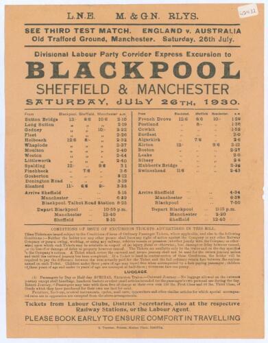 The Ashes 1930. Original ‘L.N.E. M. & G.N. Rlys’ railway handbill titled ‘Divisional Labour Party Corridor Express Excursion to Blackpool, Sheffield & Manchester’ and ‘See Third Test Match. England v. Australia, Old Trafford Ground, Manchester. Saturday, 