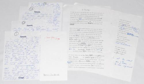 Imran Khan. Lahore, Worcestershire, Oxford University & Pakistan 1969-1992. Seven page handwritten manuscript for an article written by Imran Khan, accompanied by a three page typescript version with handwritten annotations and corrections by Imran and Ir