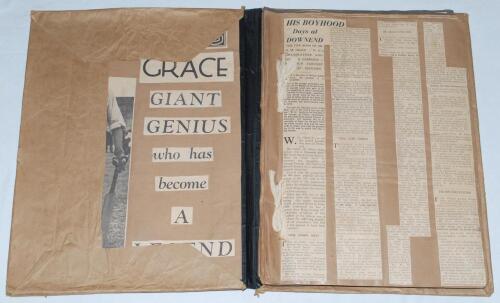 ‘The Life of W.G. Grace’. Large format scrapbook comprising a good selection of newspaper cuttings relating to Grace’s childhood and playing career, with reports of his achievements and anecdotes, and also his brothers Edward Mills Grace and George Freder