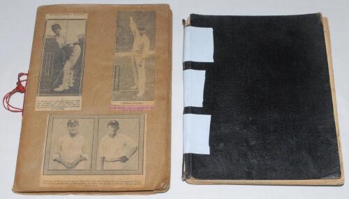 Pre-war cricket scrapbooks. Two scrapbooks of newspaper and magazine cuttings, one pre-World War I featuring England Test and County cricketers C.B. Fry, W.G. Grace, W. Rhodes, Ranjitsinhji, Plum Warner, Gilbert Jessop, Lord Hawke, also the Australian tou