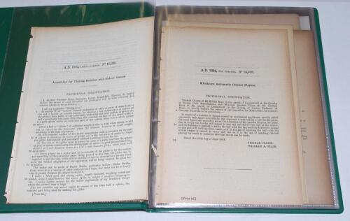 Original Patents. Parlour & Outdoor Games 1884-1903. Folder comprising six original printed ‘Provisional Specification’ patent documents. Subjects are ‘Apparatus for Playing Outdoor and Indoor Games’ A.S. King 1884, ‘Miniature Automatic Cricket Players’ T