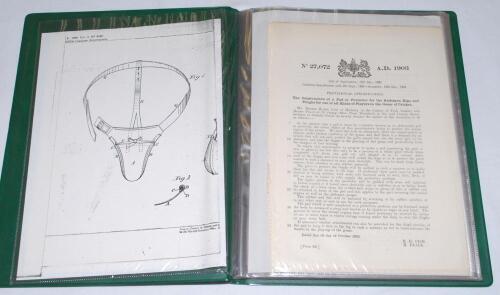 Original Patents. Cricket Equipment & Accessories 1885-1903. Folder comprising seventeen original printed ‘Provisional Specification’ patent documents. Subjects include ‘Improvements in Leg Guards’ F.H. Ayres 1885, ‘A Groin Protector or Shield for Cricket