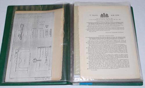 Original Patents. Cricket Equipment & Accessories 1876-1904. Folder comprising nineteen original printed ‘Provisional Specification’ patent documents. Subjects include ‘Apparatus for Scoring Games’ W. Walton 1876, ‘Improvements in Cricket Stumps or Wicket