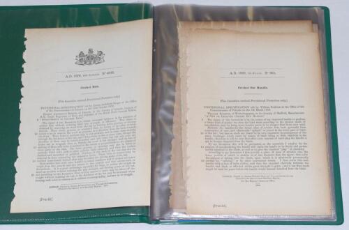 Original Patents. Cricket Bats 1876-1885. Folder comprising twenty four original printed ‘Provisional Specification’ patent documents, all relating to the construction of cricket bats, bat and tennis racquet handles and covers ‘and other Implements of the