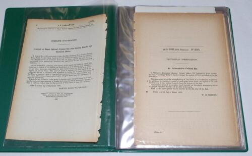 Original Patents. Cricket Bats 1886-1895. Folder comprising twenty four original printed ‘Provisional Specification’ patent documents, all relating to the construction of cricket bats, including ‘An Unbreakable Bat’, bat and tennis racquet handles and cov