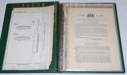 Original Patents. Cricket Bats 1885-1903 and Cricket Balls 1876-1898. Folder comprising twenty original printed ‘Provisional Specification’ patent documents, all relating to the construction of cricket bats and balls, including blade protectors, handles, 