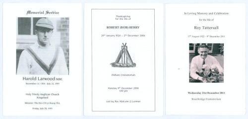 Cricketers’ orders of service. A selection of three original memorial service booklets for Harold Larwood, Kingsford 28th July 1995, Robert (Bob) Berry, Oldham, 11th December 2006, and Roy Tattersall, Stourbridge 21st December 2011. G/VG