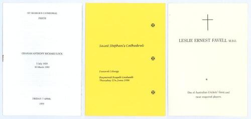 Cricketers’ orders of service. A selection of three original memorial service booklets for Graham Anthony Richard (Tony) Lock, Perth 7th April 1995, and two Australian Test cricketers, Raymond Russell (Ray) Lindwall, St. Stephen’s Cathedral, Brisbane, 27t