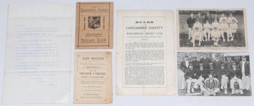 Lancashire C.C.C. 1873-1926. A selection of Lancashire and Manchester cricket ephemera including a printed letter from H. Swire, Hon. Sec., dated 19th April 1873, announcing the opening fixture for the 1873 season, ‘Married v. Single’ on 26th April, with 