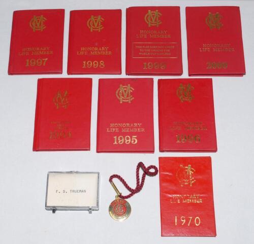 Frederick Sewards &lsquo;Fred&rsquo; Trueman. Yorkshire & England 1949-1969. Eight original Lord&rsquo;s &lsquo;Honorary Life Member&rsquo; folding membership card booklets issued to Trueman for seasons 1970 and 1994-2000. The cards for 1995 and 2000 both signed by Trueman. Sold with 