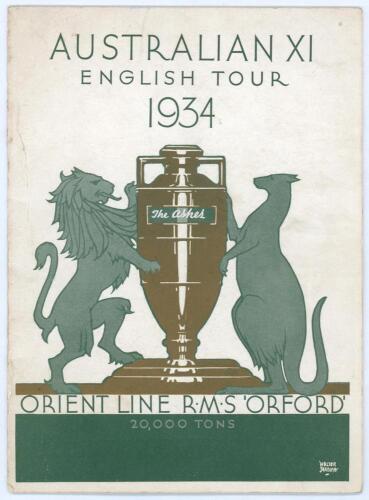 Australia tour of England 1934. Official ‘Australian XI English Tour 1934 Orient Line R.M.S. Orford’ brochure. The front cover features the Ashes urn with lion and kangaroo to either side. The brochure is fully and nicely signed in black ink by all eighte