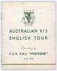 Australia tour of England 1948. Official ‘P&O R.M.S. Strathaird’ souvenir brochure for the Australian tour of England 1948. Printed in Sydney. Front cover with printed title, ‘Australian XI’s English Tour’ and ‘1948 Tests’ emblem. Signed in ink to pen pic