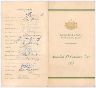 ‘Australian XI Coronation Tour 1953’. Official Australian Board of Control folding programme and itinerary for the tour to England. Decorative cover with green and gold colours and Australian emblem. To inside pages is the programme of matches to be playe