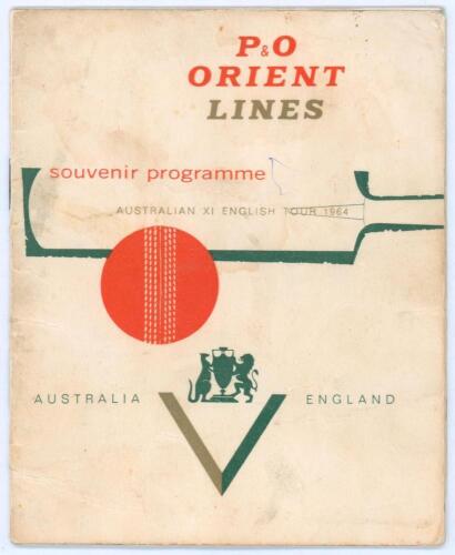 Australia tour to England 1964. Official P&O Orient Lines ‘S.S. Orcades’ souvenir tour booklet for the Australian tour of England. Original decorative wrappers. Printed in Sydney. Fully signed in ink to pen pictures by all seventeen playing members of the