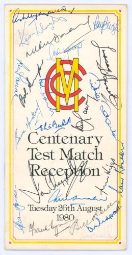 England v Australia. Centenary Test Match Reception. 26th August 1980. Official M.C.C. brochure produced for the event held at Lord’s with list of invited guests etc. Signed to front cover, inside pages and rear cover by sixty five Australian and England 