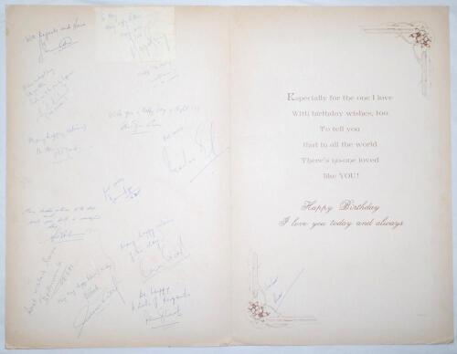 India &lsquo;World Cup Winners&rsquo; 1983. Extremely large Birthday card fully signed to the blank inside left of the card by all fourteen members of the victorious Indian World Cup squad, the majority with dedications to &lsquo;Mary&rsquo;. Signatures are Kapil Dev (Captain),